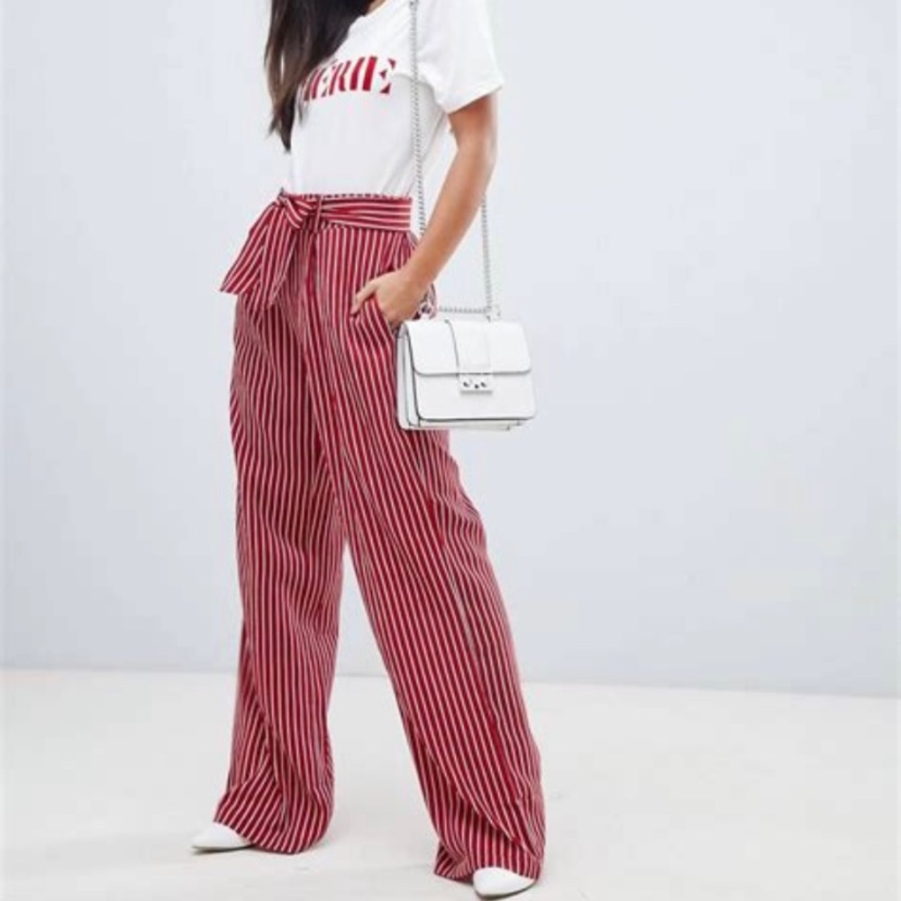 QED London Wide Leg Stripe Trousers with Sash Belt